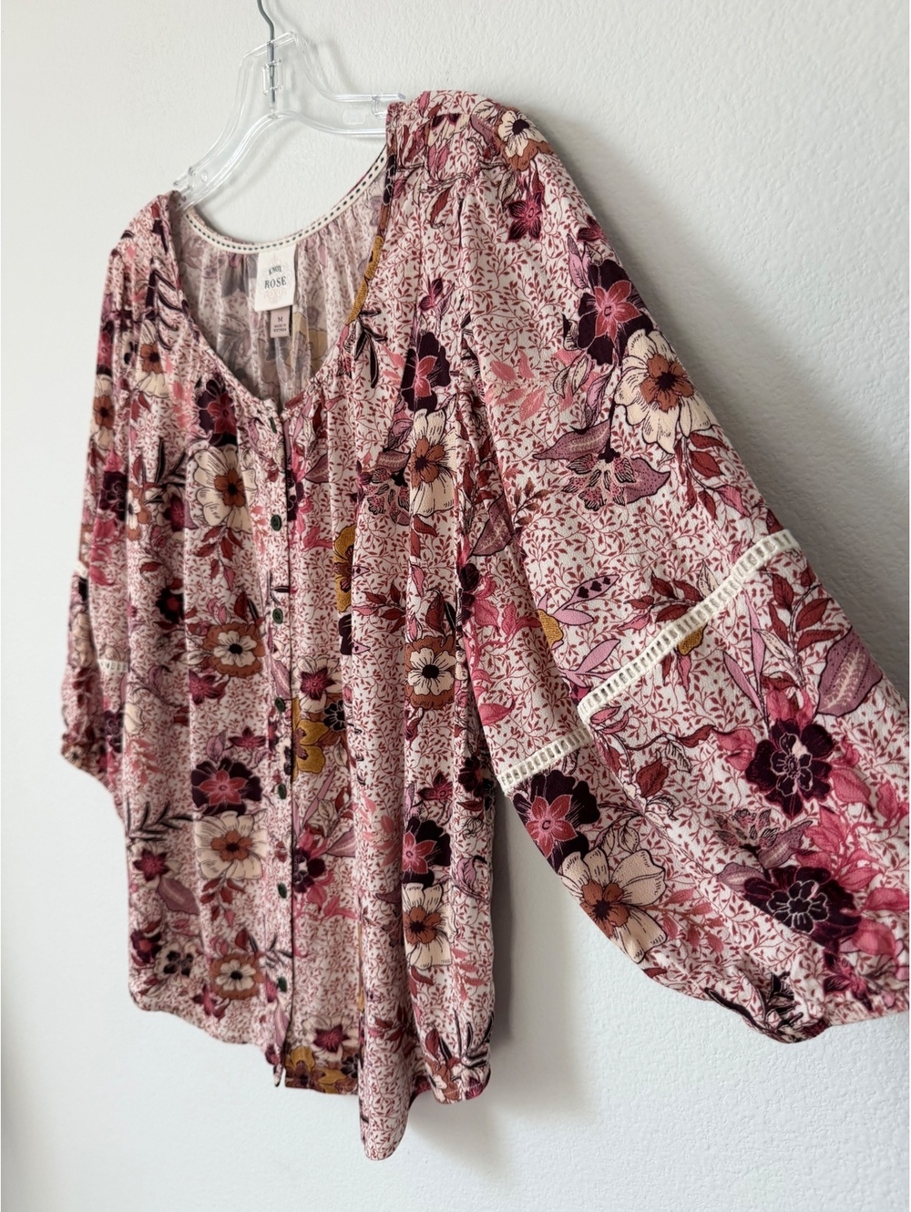 Knox Rose 3/4 Balloon Sleeve Scoop Neck Button Up Boho Floral Blouse Size M - Picture 4 of 8